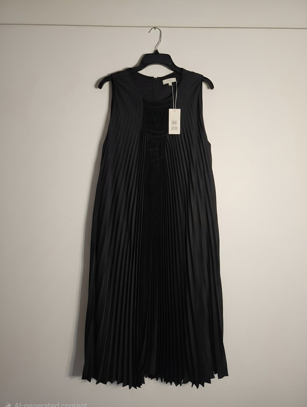 Vince Pleated Smocked Dress Polyester Womens Size L Black V Neck Sleeveless $395